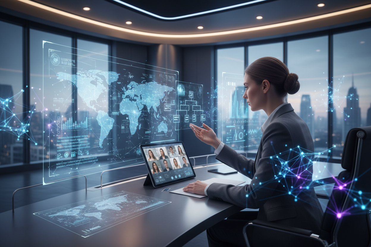 the image should be ai themed with an agent on call showing that someone is discussing a strategy on call.